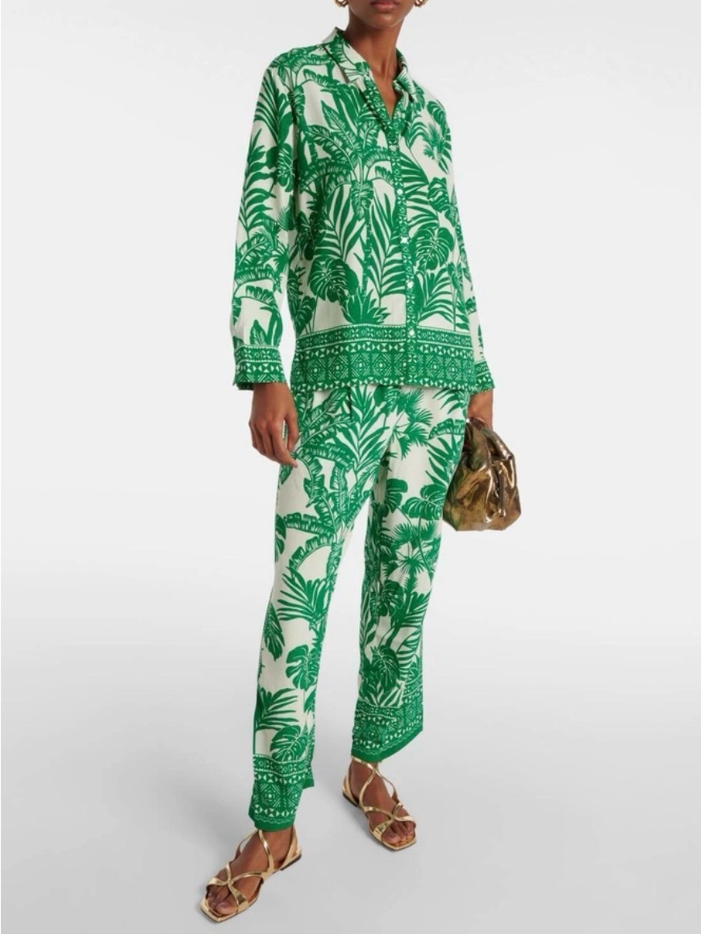 Velvet by Graham & Spencer Green and White Tropical Print Shirt Pants Size XS